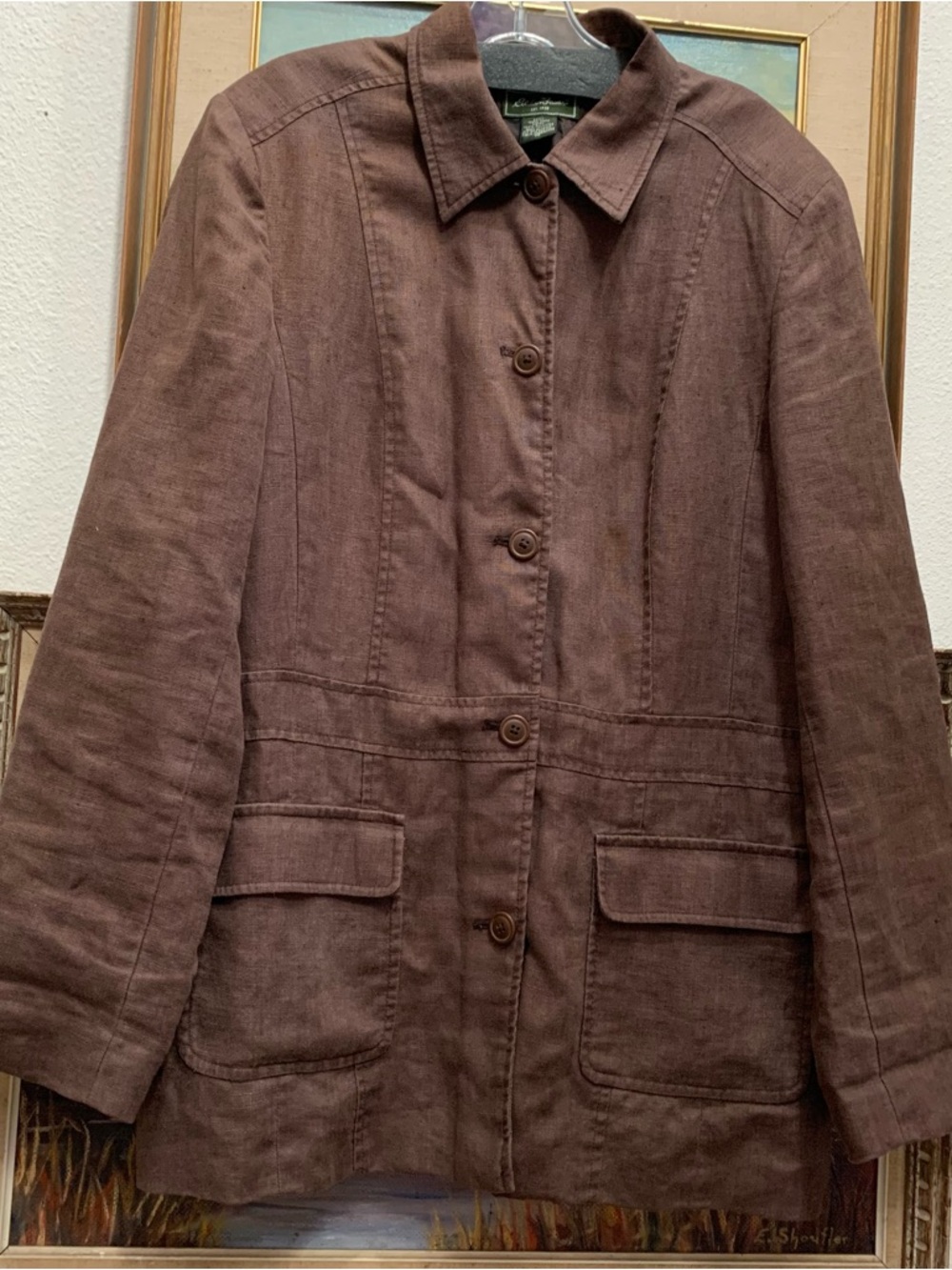 Eddie Bower brown linen button jacket shirt Women’s 14